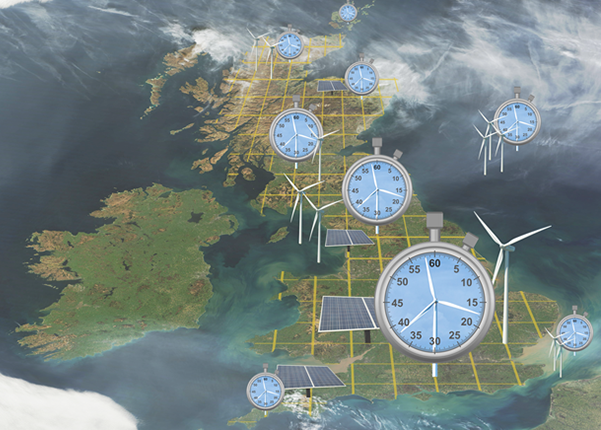 Map of the UK overlaid with clocks, turbines and solar panels connected by a grid Map of the UK overlaid with clocks, turbines and solar panels connected by a grid