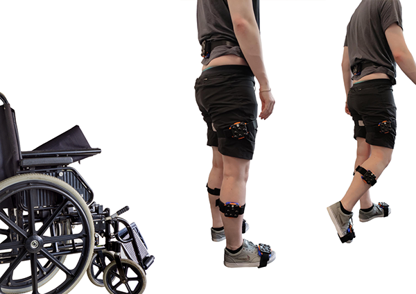 A wheelchair, followed by a person standing, followed by a person walking away A wheelchair, followed by a person standing, followed by a person walking away