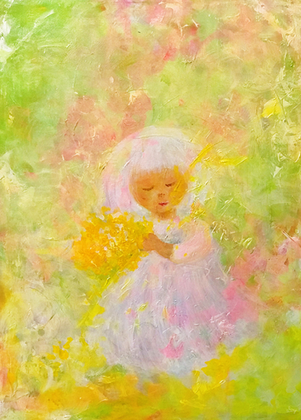 A colourful painting depicting a young girl surrounded by nature A colourful painting depicting a young girl surrounded by nature