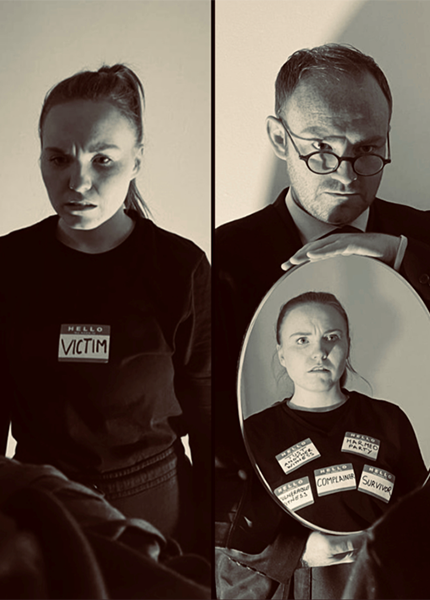 A black and white photo of a girl on the left with a victim label, a man on the right holding a mirror showing her reflection with lots of different labels A black and white photo of a girl on the left with a victim label, a man on the right holding a mirror showing her reflection with lots of different labels