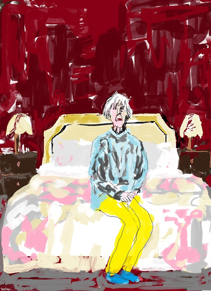 A digital sketch showing a lonely, aged women sitting at the end of her bed A digital sketch showing a lonely, aged women sitting at the end of her bed