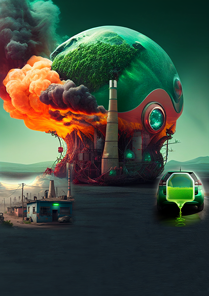 A futuristic representation of a globe with industrial elements at its base, fire at the left side, tall chimney in the middle and forests on top A futuristic representation of a globe with industrial elements at its base, fire at the left side, tall chimney in the middle and forests on top