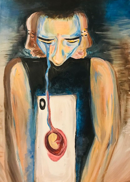 A painting of a person crying – the tear stretching down to a mobile phone and into an image of a foetus A painting of a person crying – the tear stretching down to a mobile phone and into an image of a foetus
