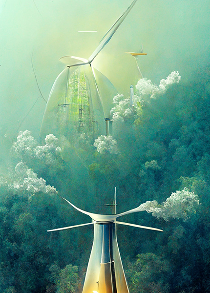 Futuristic towers rise up surrounded by slush green forests with small plumes of steam Futuristic towers rise up surrounded by slush green forests with small plumes of steam