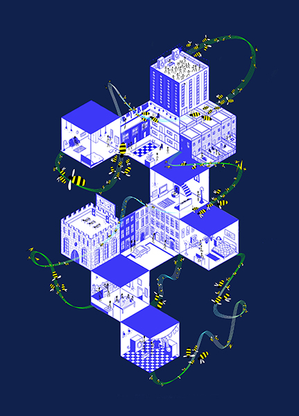A blue graphic showing linked cubes, representing different buildings. Green lines weave and swirl between the cubes with bees flying along them. A blue graphic showing linked cubes, representing different buildings. Green lines weave and swirl between the cubes with bees flying along them.