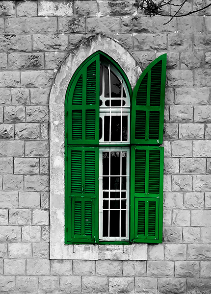 A close-up of a window with green shutters, one open A close-up of a window with green shutters, one open