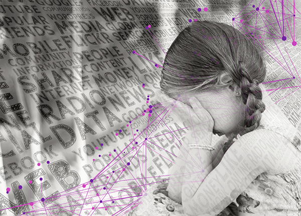 A black and white image of a little girl with her face in her hands facing a tilted wall of words with a network of fine magenta lines joining them up. A black and white image of a little girl with her face in her hands facing a tilted wall of words with a network of fine magenta lines joining them up.