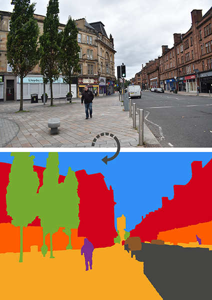 A split image showing a street scene on top and a colourful graphic representation of the scene below A split image showing a street scene on top and a colourful graphic representation of the scene below