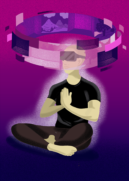 A graphic representation of a person sitting in the lotus position, hands clasped, with a VR headset on and imagery rotating around their head A graphic representation of a person sitting in the lotus position, hands clasped, with a VR headset on and imagery rotating around their head