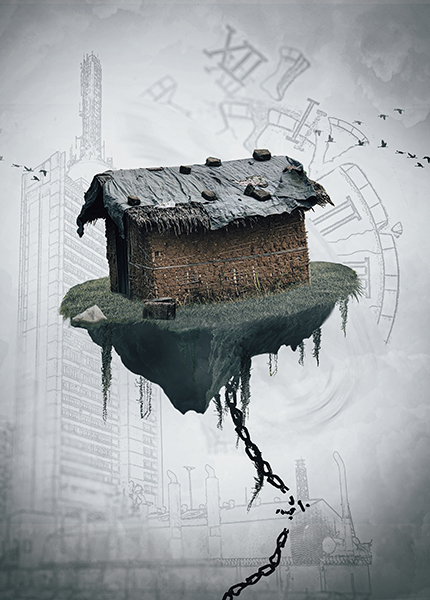 A graphic representation of a small building floating in the air tethered by a chain that is breaking with a faint breaking clock and skyscraper in the background. A graphic representation of a small building floating in the air tethered by a chain that is breaking with a faint breaking clock and skyscraper in the background.