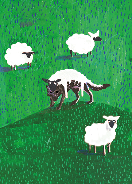 An illustration of a field of sheep with a wolf in the middle with a sheep’s fleece on its back An illustration of a field of sheep with a wolf in the middle with a sheep’s fleece on its back