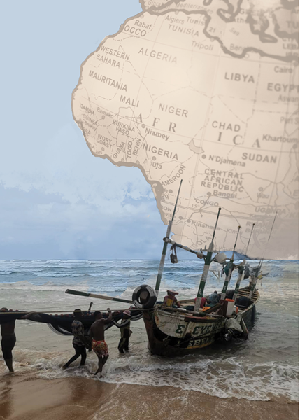 Fishing boat in front of map of Africa Fishing boat in front of map of Africa