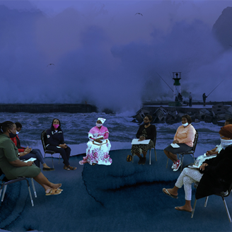 A group of people sit in discussion with people fishing in from a pier in the background A group of people sit in discussion with people fishing in from a pier in the background
