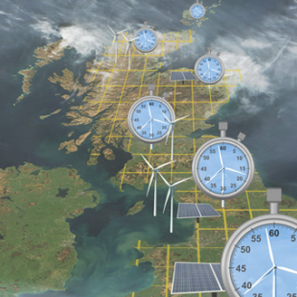Map of the UK overlaid with clocks, turbines and solar panels connected by a grid Map of the UK overlaid with clocks, turbines and solar panels connected by a grid