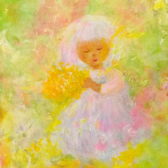 A colourful painting depicting a young girl surrounded by nature A colourful painting depicting a young girl surrounded by nature