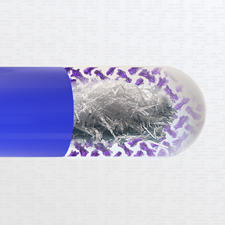 A graphic illustration of a capsule, blue at one end and with crystals at the other end A graphic illustration of a capsule, blue at one end and with crystals at the other end