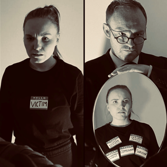 A black and white photo of a girl on the left with a victim label, a man on the right holding a mirror showing her reflection with lots of different labels A black and white photo of a girl on the left with a victim label, a man on the right holding a mirror showing her reflection with lots of different labels