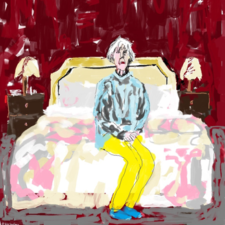 A digital sketch showing a lonely, aged women sitting at the end of her bed A digital sketch showing a lonely, aged women sitting at the end of her bed