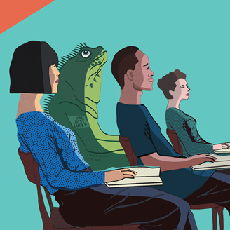 An illustration of people in a classroom with a human-size lizard sitting among them An illustration of people in a classroom with a human-size lizard sitting among them