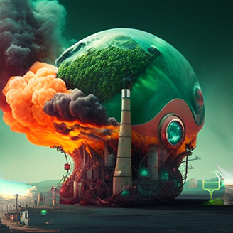 A futuristic representation of a globe with industrial elements at its base, fire at the left side, tall chimney in the middle and forests on top A futuristic representation of a globe with industrial elements at its base, fire at the left side, tall chimney in the middle and forests on top
