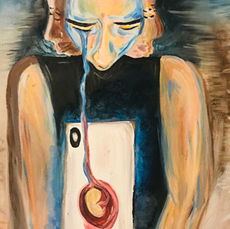 A painting of a person crying – the tear stretching down to a mobile phone and into an image of a foetus A painting of a person crying – the tear stretching down to a mobile phone and into an image of a foetus