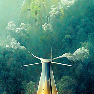 Futuristic towers rise up surrounded by slush green forests with small plumes of steam Futuristic towers rise up surrounded by slush green forests with small plumes of steam