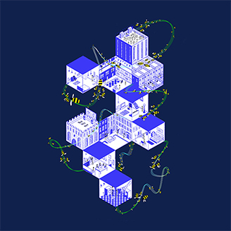 A blue graphic showing linked cubes, representing different buildings. Green lines weave and swirl between the cubes with bees flying along them. A blue graphic showing linked cubes, representing different buildings. Green lines weave and swirl between the cubes with bees flying along them.