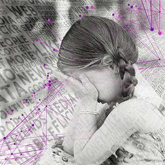 A black and white image of a little girl with her face in her hands facing a tilted wall of words with a network of fine magenta lines joining them up. A black and white image of a little girl with her face in her hands facing a tilted wall of words with a network of fine magenta lines joining them up.