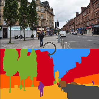 A split image showing a street scene on top and a colourful graphic representation of the scene below A split image showing a street scene on top and a colourful graphic representation of the scene below
