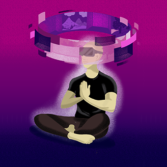 A graphic representation of a person sitting in the lotus position, hands clasped, with a VR headset on and imagery rotating around their head A graphic representation of a person sitting in the lotus position, hands clasped, with a VR headset on and imagery rotating around their head