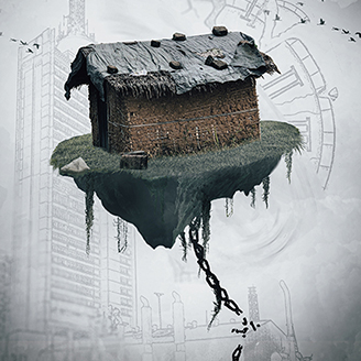A graphic representation of a small building floating in the air tethered by a chain that is breaking with a faint breaking clock and skyscraper in the background. A graphic representation of a small building floating in the air tethered by a chain that is breaking with a faint breaking clock and skyscraper in the background.