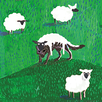 An illustration of a field of sheep with a wolf in the middle with a sheep’s fleece on its back An illustration of a field of sheep with a wolf in the middle with a sheep’s fleece on its back