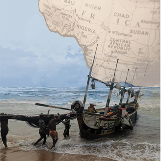 A fishing boat in front of a map of Africa A fishing boat in front of a map of Africa