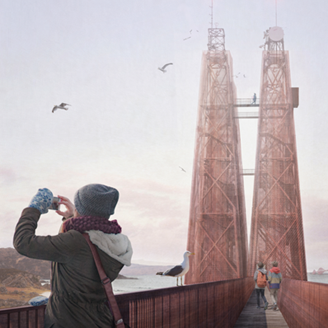 A woman with mobile next to large towers A woman with mobile next to large towers