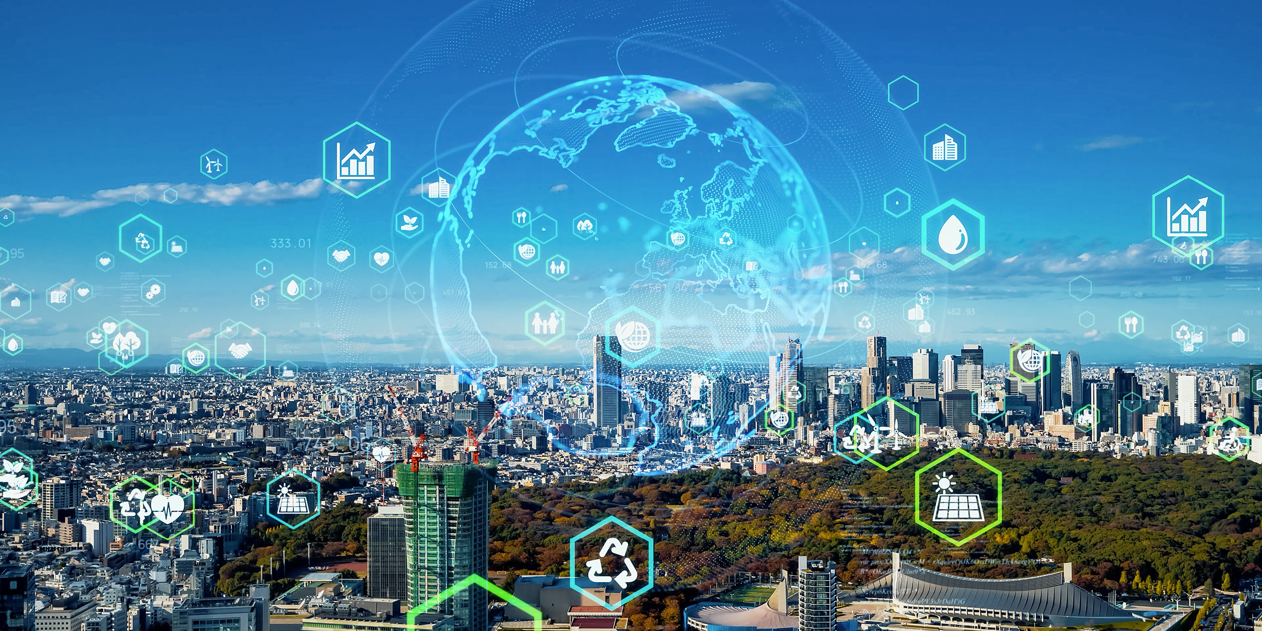 A city with graphics of a globe and recycling and other net zero symbols