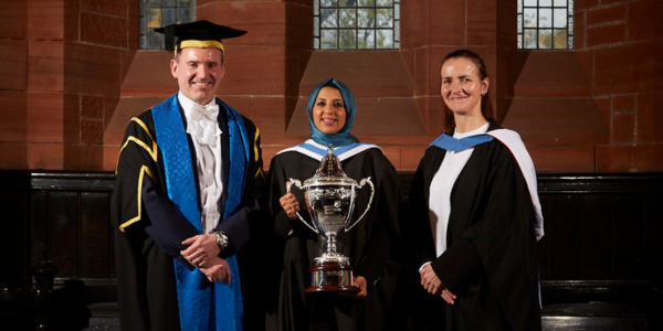 Professor Stephen McArthur, Zara Mohammed, and Reader Therese O'Donnell at the Alumna of the Year ceremony 2023 Professor Stephen McArthur, Zara Mohammed, and Reader Therese O'Donnell at the Alumna of the Year ceremony 2023