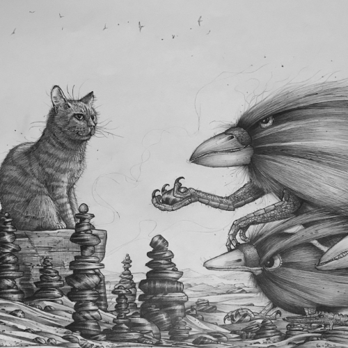 Line drawing of cat, raven and stones in black and white Line drawing of cat, raven and stones in black and white