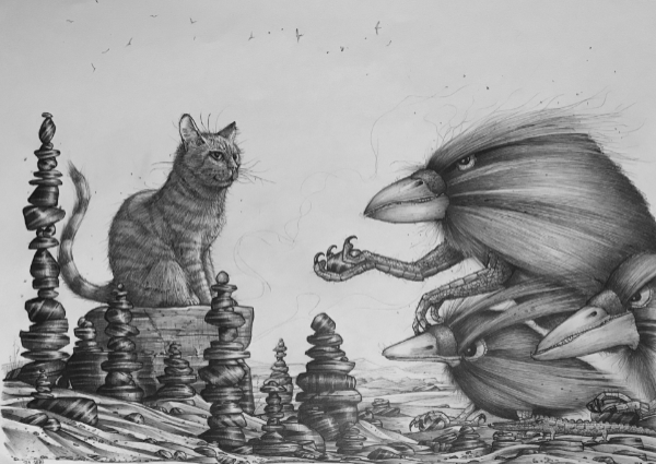 Black and white line drawing of a cat being handed stones by a raven