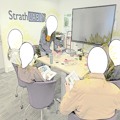 Image of people sitting around a table with lightbulbs in place of their heads Image of people sitting around a table with lightbulbs in place of their heads