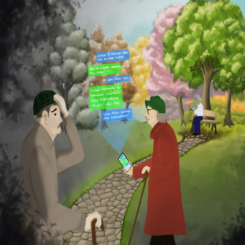 Illustration of a park elderly women looking at a phone Illustration of a park elderly women looking at a phone