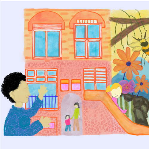 Illustration of school building with person standing outside with elements of nature on right hand side Illustration of school building with person standing outside with elements of nature on right hand side