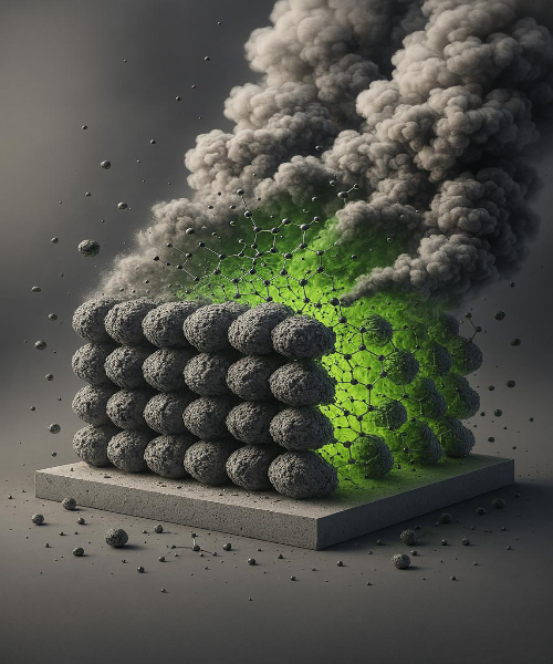 Grey balls in columns of four with green smoke coming off