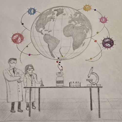 hand drawn illustration of two scientists next to a table with a globe above them hand drawn illustration of two scientists next to a table with a globe above them