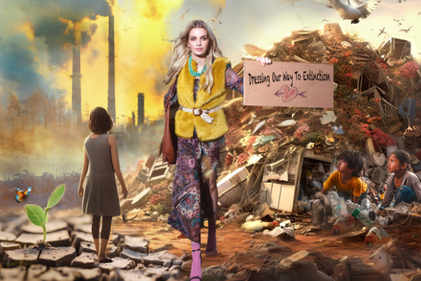 Image of women walking away from toxic rubbish dump of clothes