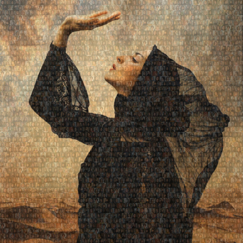 Image of woman dressed in black made up of small portraits of other woman Image of woman dressed in black made up of small portraits of other woman