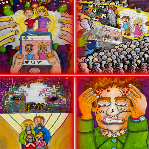 four-panel illustration portraying the dark side of social media and online exposure four-panel illustration portraying the dark side of social media and online exposure