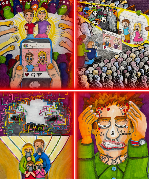 4 separate illustrations in a grid depicting being trapped by social media