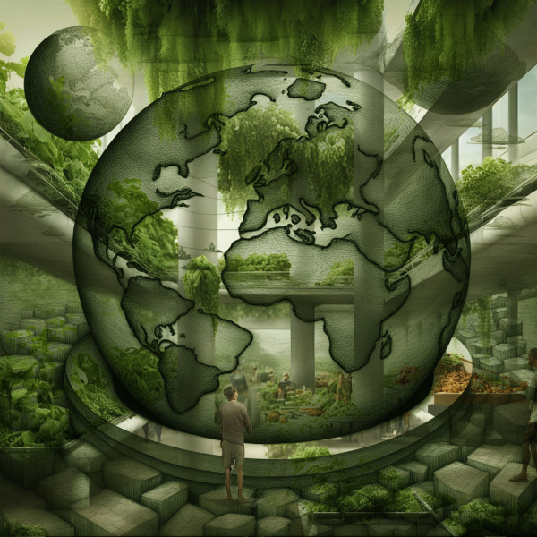 AI image of a globe in an indoor farm all in green hues