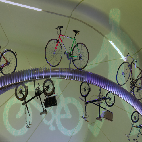 Image of bicycles on a blue archway Image of bicycles on a blue archway