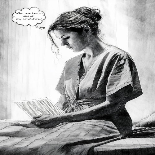 grayscale image of female patient with handrawn speech bubble that says who else knows about my condition grayscale image of female patient with handrawn speech bubble that says who else knows about my condition